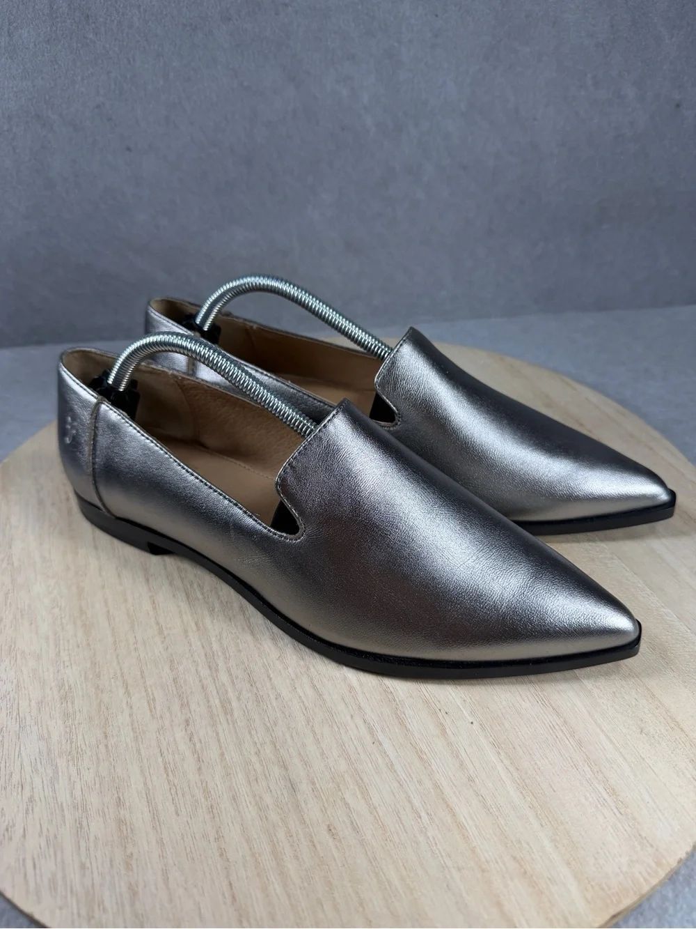 Frye Metallic Silver Pointed Slip-On Loafers